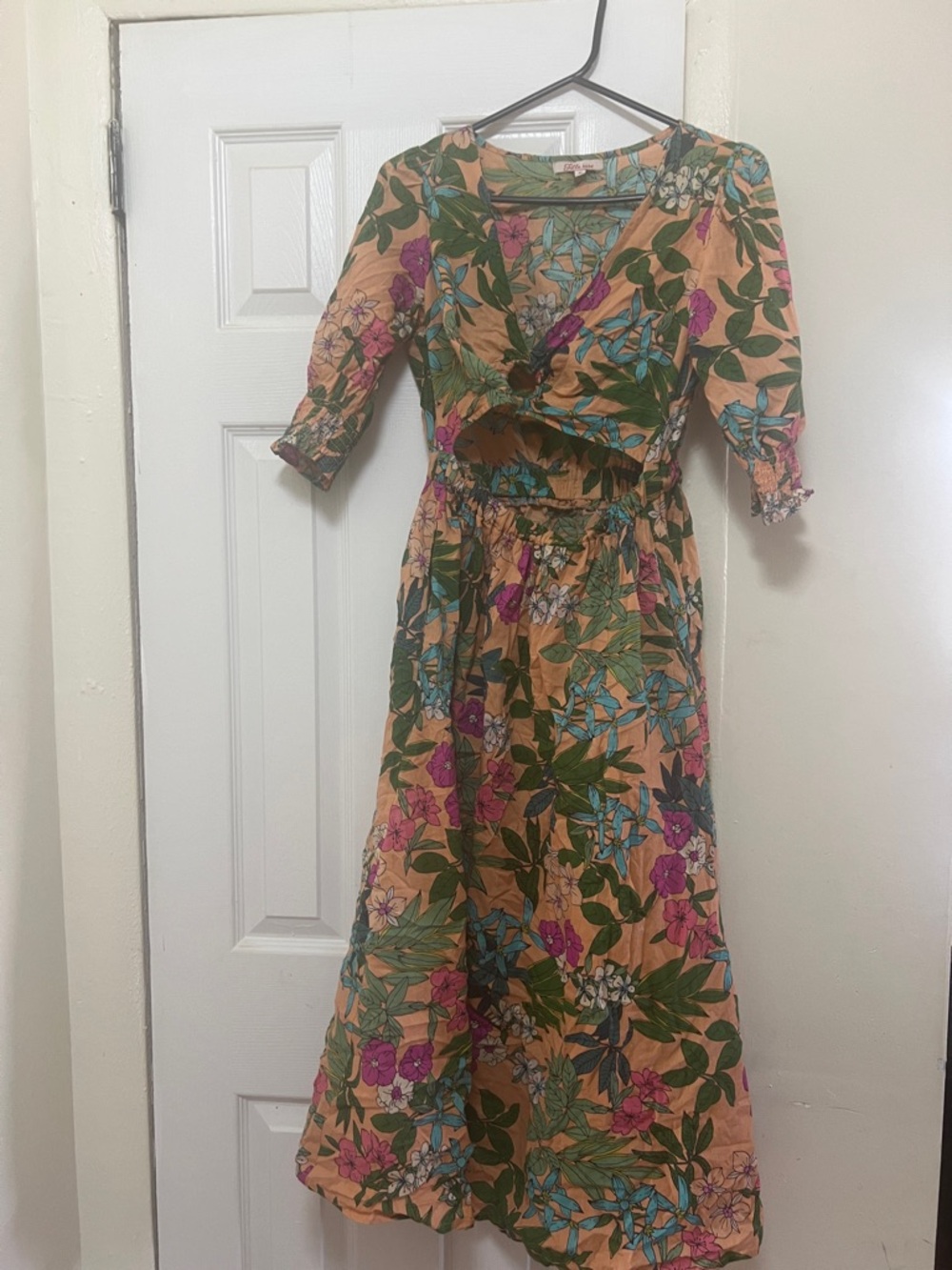 Floral Peach Midi Dress with Cutout